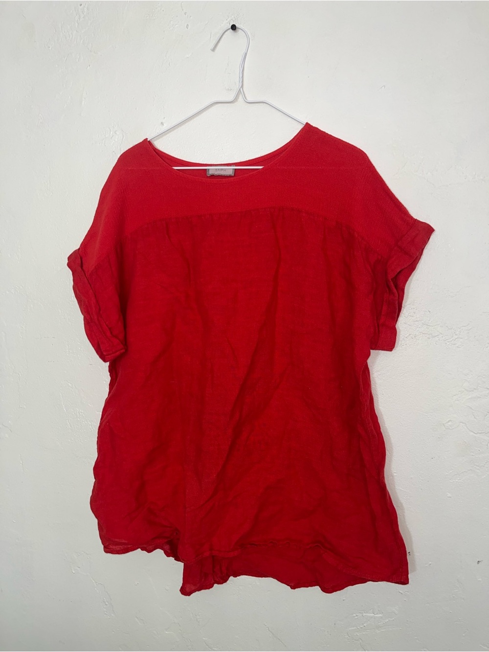100% Italian Linen SAIPH Vibrant Red Short Sleeve Blouse Mesh Open Knit Top 1X
